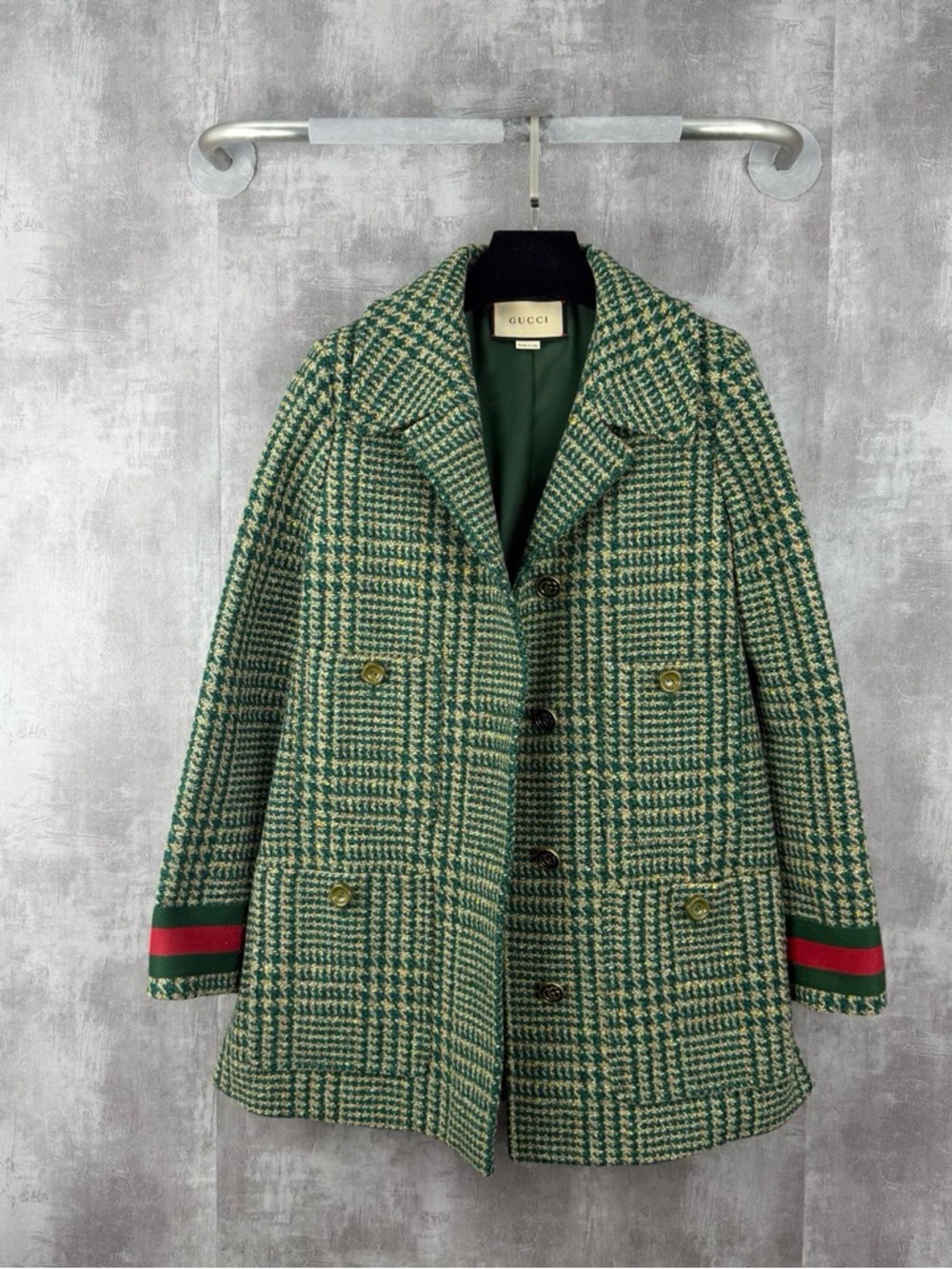 Gucci Green and Cream Houndstooth Wool Coat with Red-Green Cuff Detail